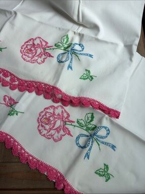 Vintage Embroidered Rose & Blue Bow White Pillowcases with Pink Crochet Trim